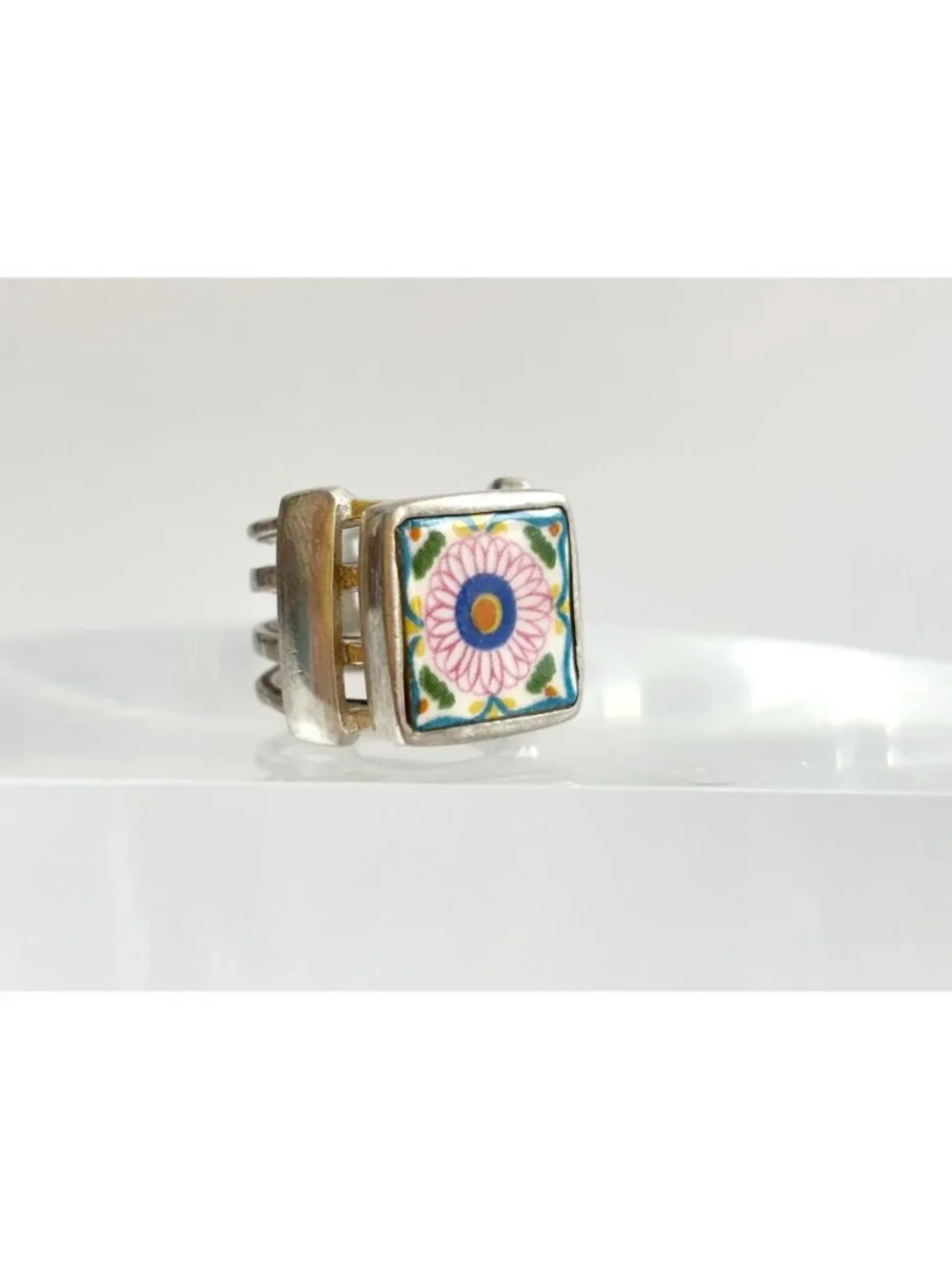 Porcelain Floral Painted Tilework Chunky Sterling Silver 925 Vintage Ring - sz 5